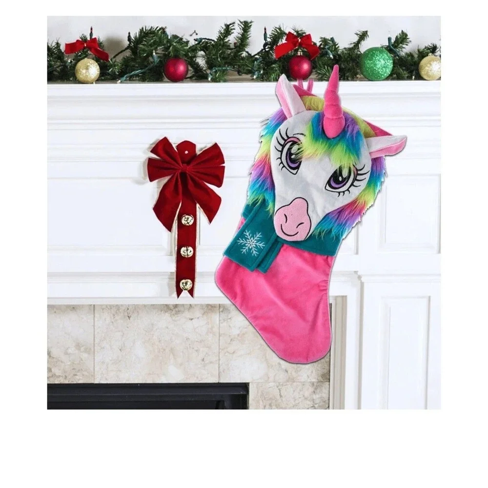 Holiday Time 3D Plush Pink Unicorn Christmas Stocking 20 in Rainbow Mane
